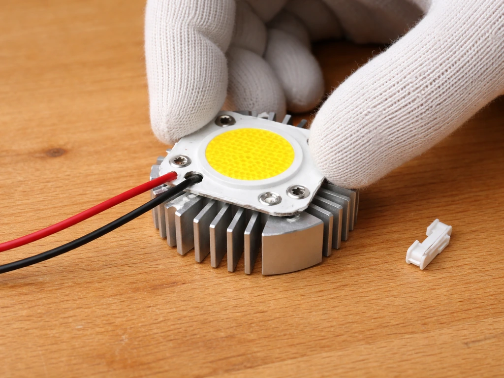 Close-up of thermal paste on a COB LED, mounted to a heatsink with low-voltage wires secured by strain relief.