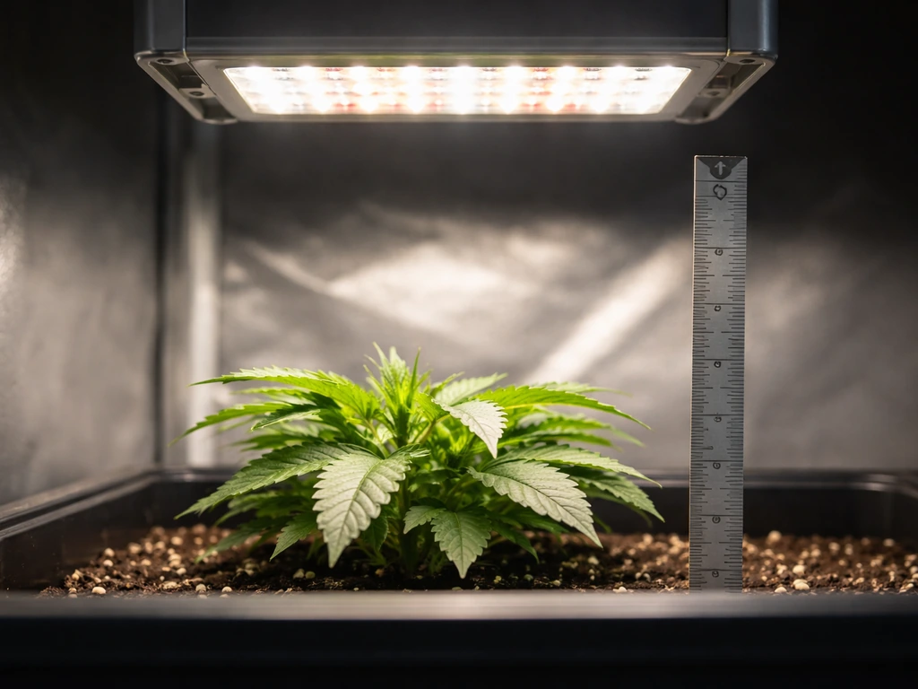 Seedling under a mounted LED grow light with a tape measure/ruler showing the light-to-canopy distance.