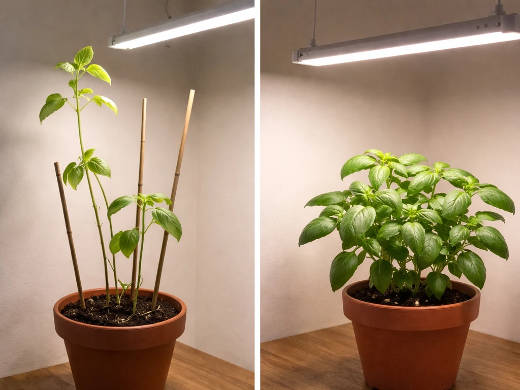 Split photo of two DIY grow plants: one pale and stretching, one healthy with even green leaves under correct light.