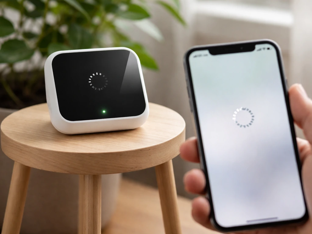 Smart grow light controller beside a phone showing a generic stalled/loading screen.