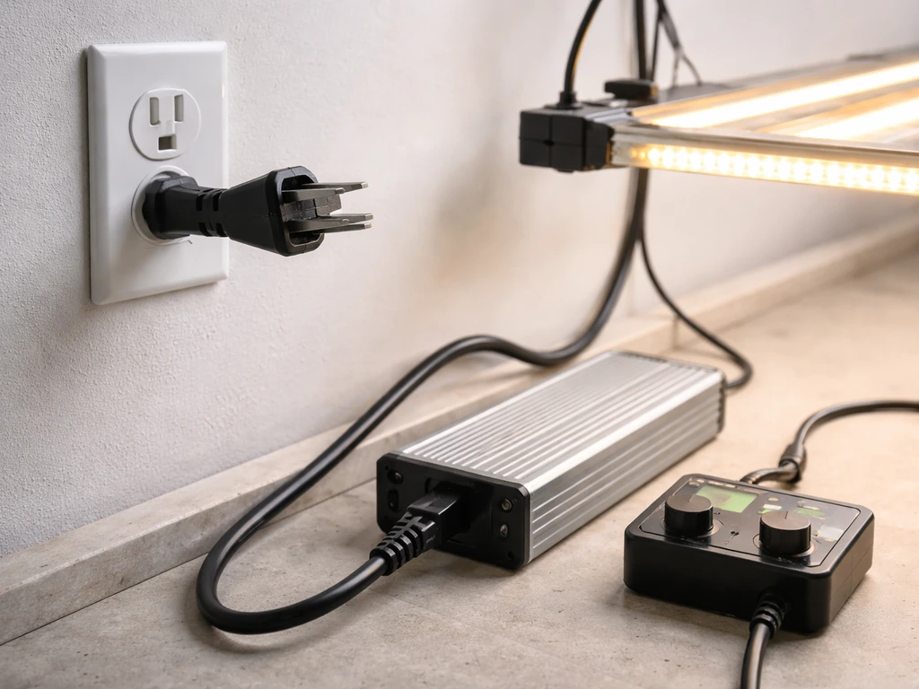 Grow light power cable unplugged from a wall outlet, with the controller nearby on a simple surface.