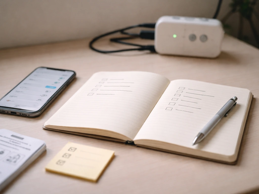 Notes checklist on a desk with a grow light controller in the background, preparing model and firmware details