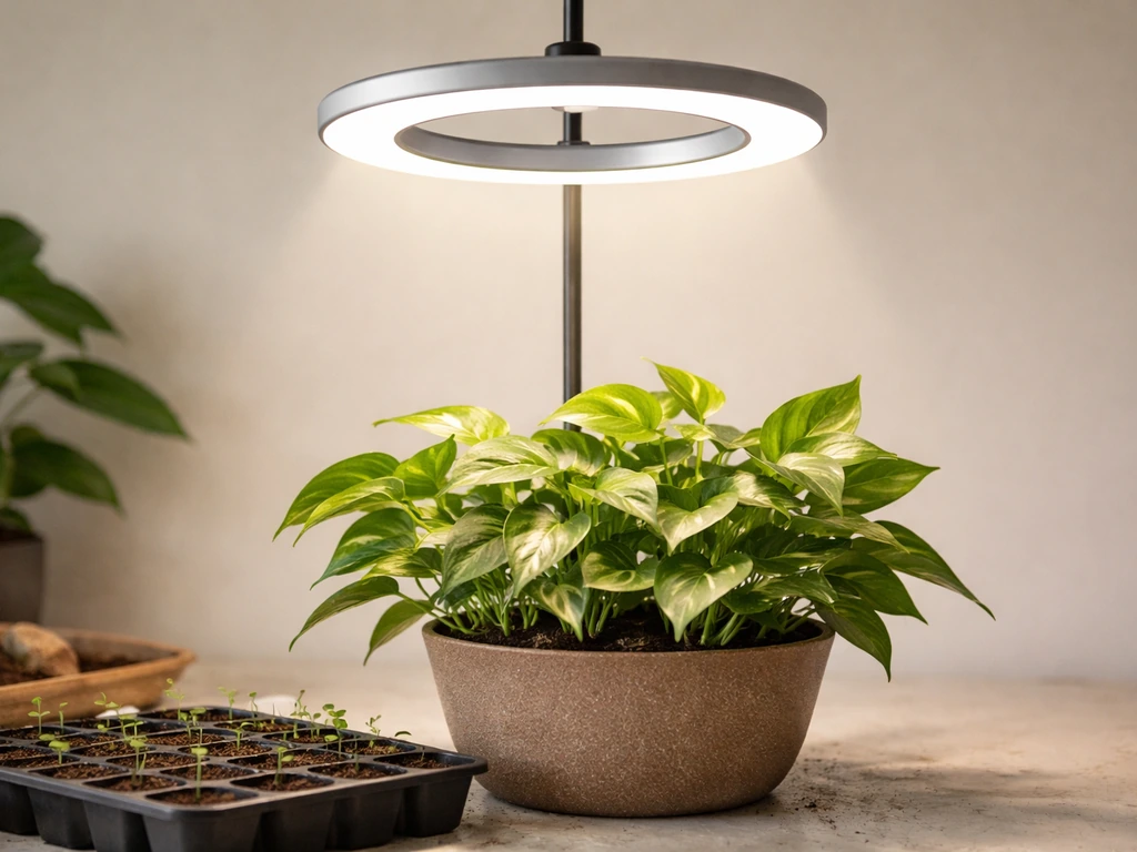 Aokrean halo grow light over a healthy indoor plant, showing circular light coverage on a simple seed tray.