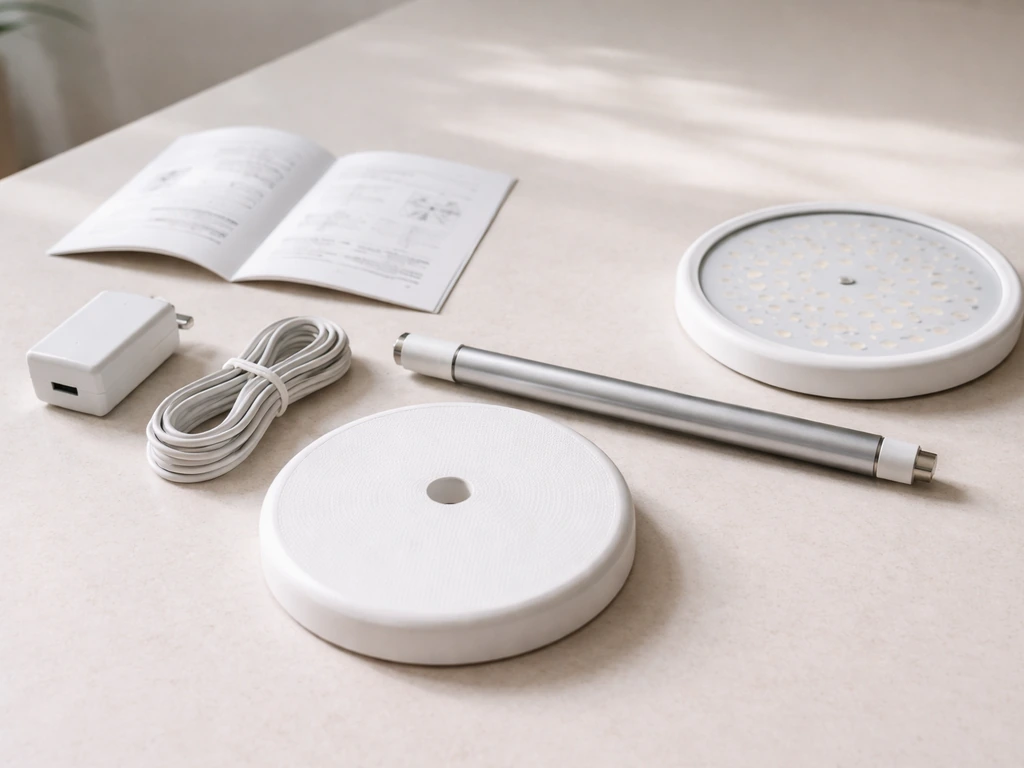 Unboxed halo grow light kit laid out on a table: halo head, pole, base, adapter, USB cable, manual.