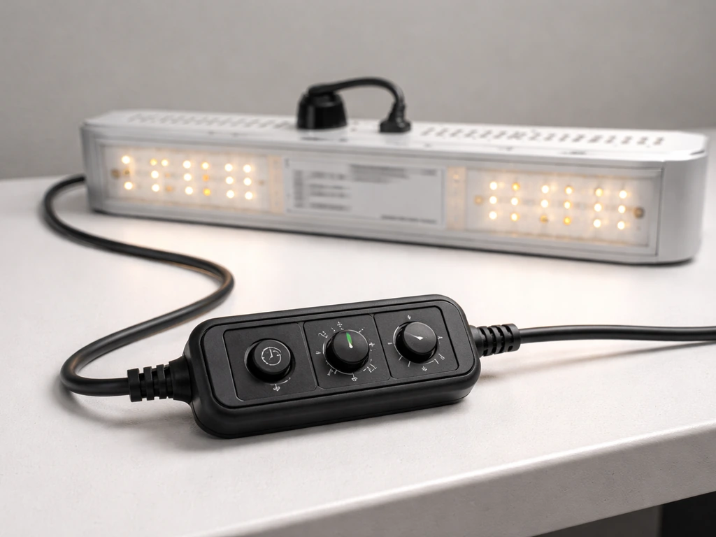 Close-up of an Aokrean BL-B10B base sticker and an inline grow light controller with timer/dim/mode switches