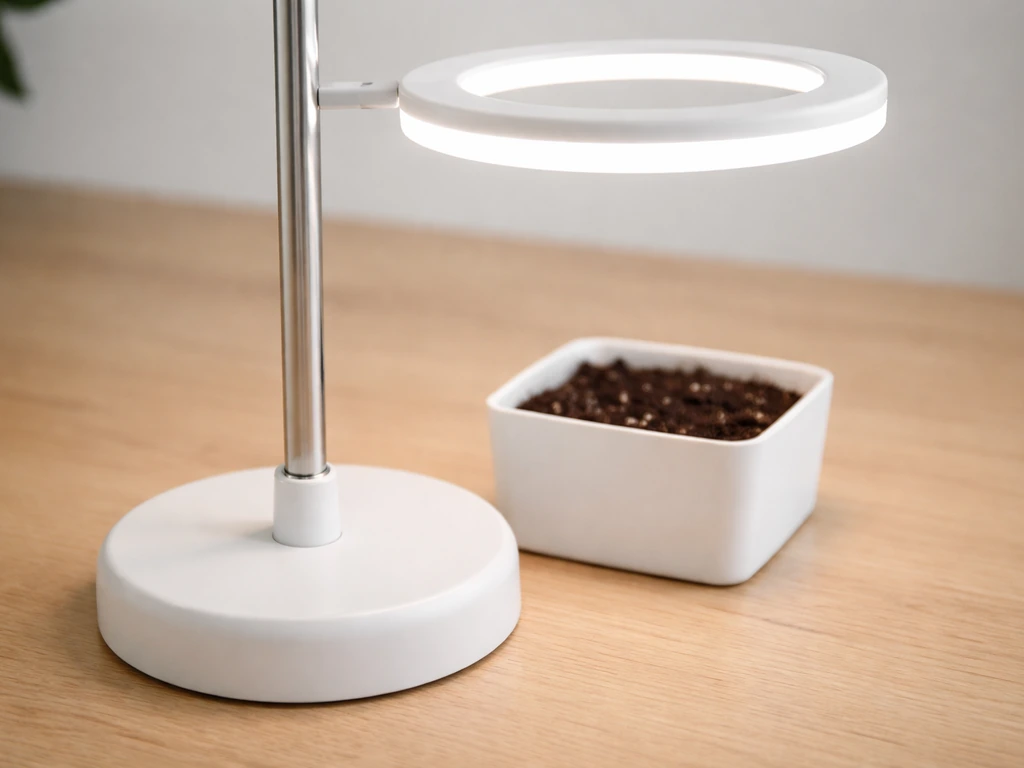 Telescopic pole seated in a weighted ABS base with halo head hovering above a pot/seed tray