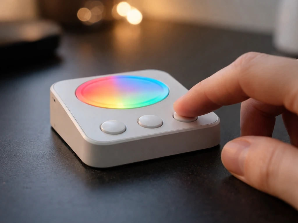Close-up of a device controller showing brightness and timer buttons in use, in a dim room.