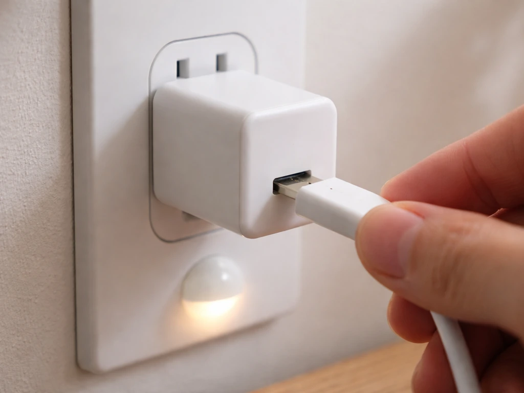 Close-up of a USB cable firmly reseated into a light adapter, showing a flicker-fix moment.