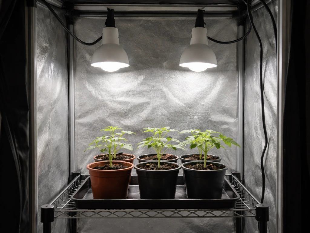 Seedlings in a small grow tent lit by standard LED shop lights mounted overhead