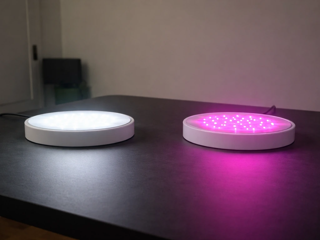 Minimal close-up of two LED setups emitting different light colors on a dark tabletop.