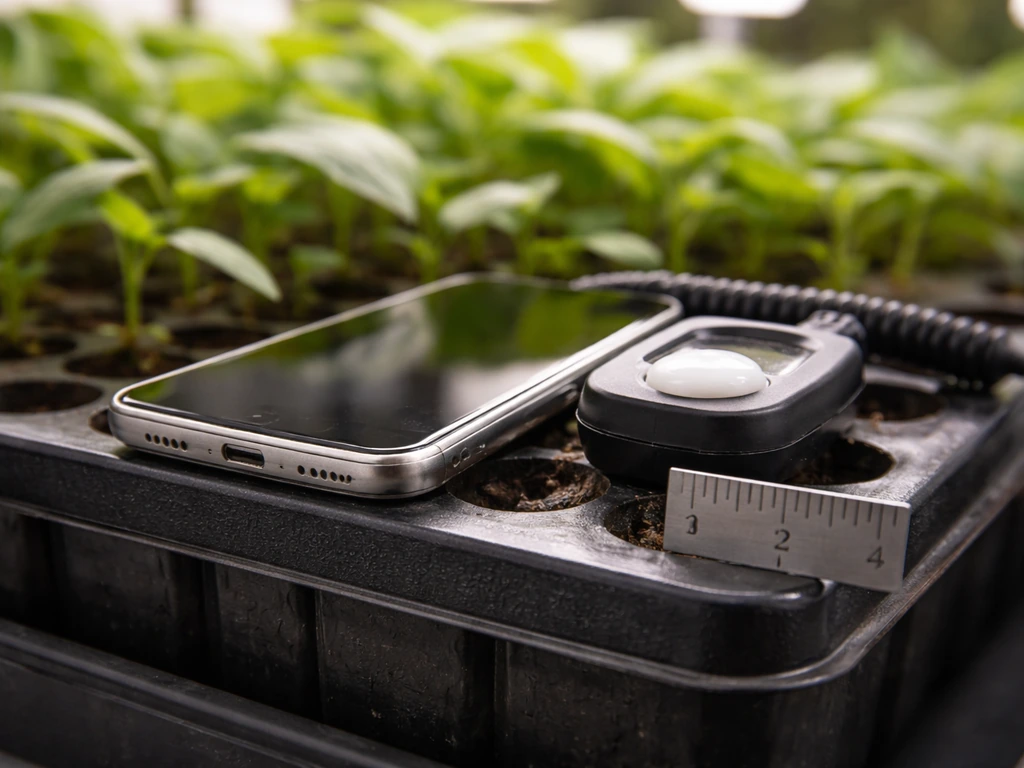 Smartphone and handheld lux sensor near a plant tray and ruler at canopy height for light measurement context.