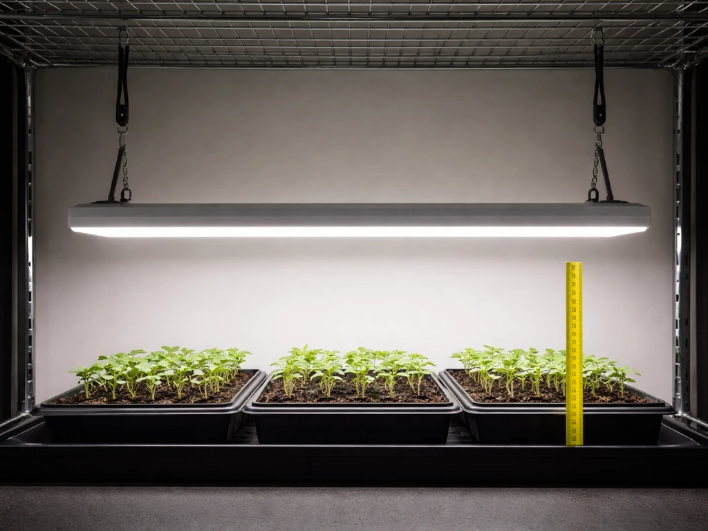 Regular LED shop light hanging from rope above seedlings with visible spacing for safe mounting height