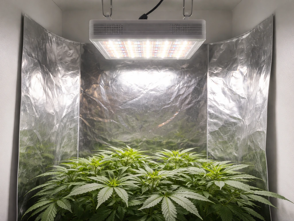 Indoor plant under an LED light with white and Mylar reflectors behind and around it to bounce light.
