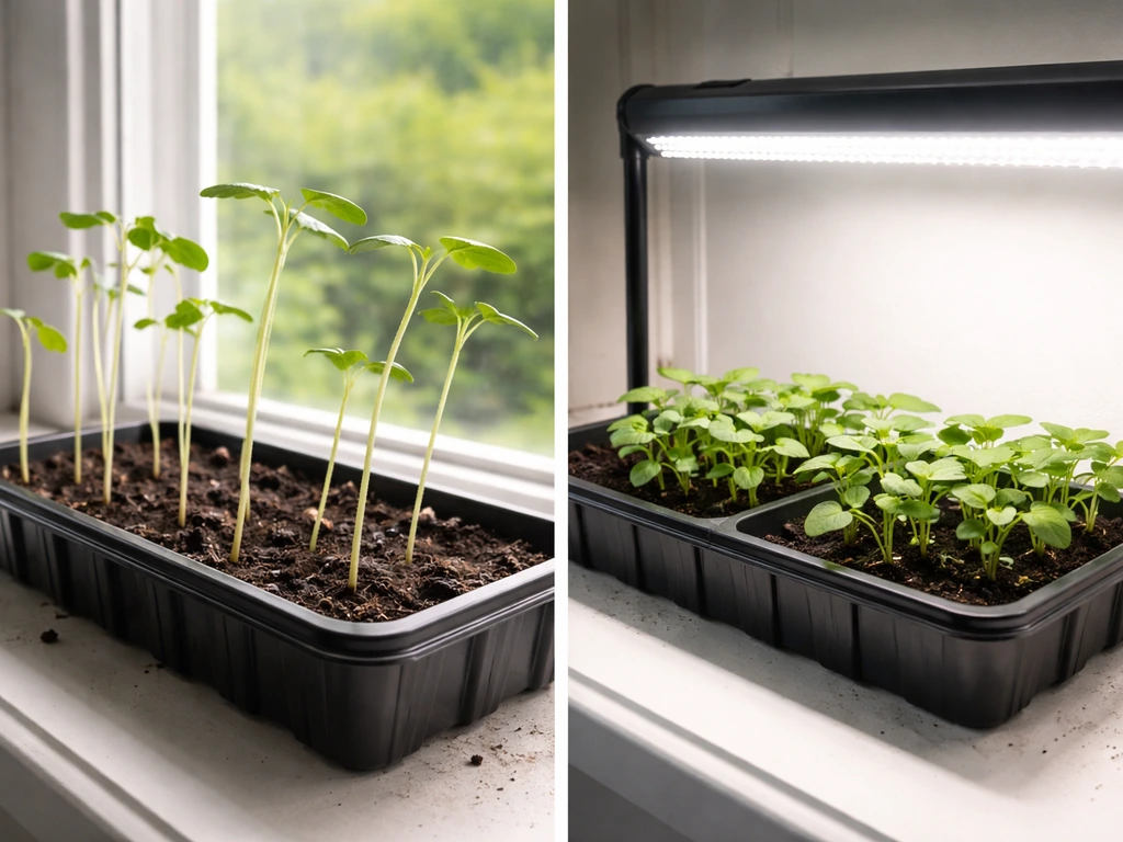 Tray of leggy indoor plants beside a brighter setup with fuller, compact leaves