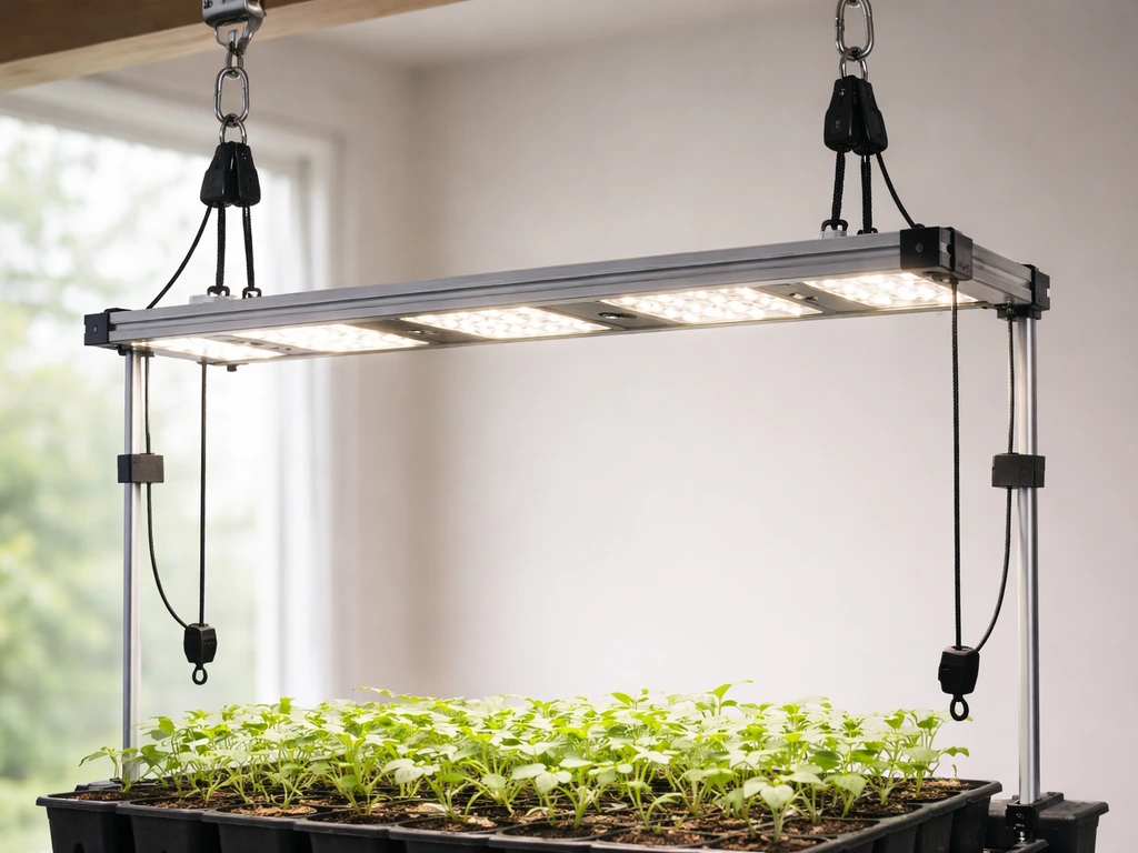 DIY adjustable LED grow light hanging overhead with a simple height-adjusting mechanism above seedlings