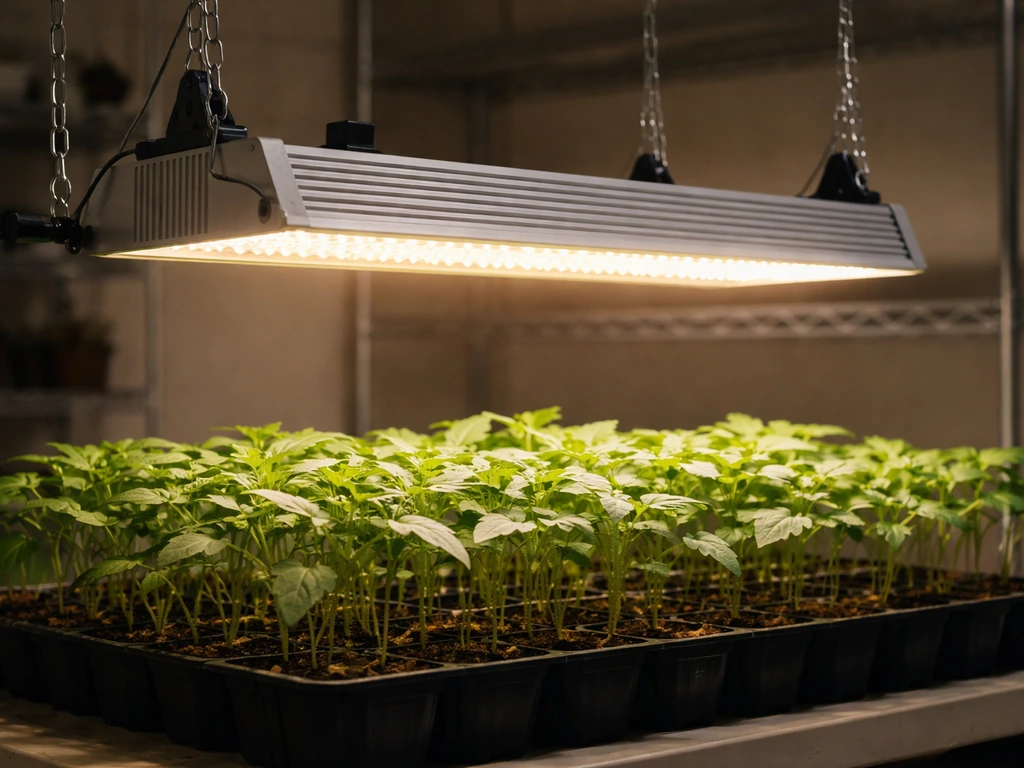 Adjustable LED grow light lowered toward seedlings, showing brighter illumination near the canopy.
