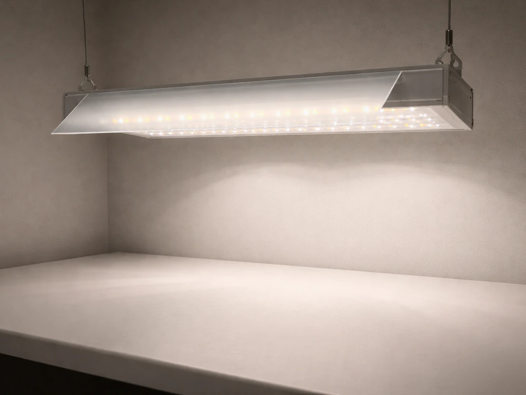 An LED grow light with a removable diffuser creating a wider light spread on a growing surface.