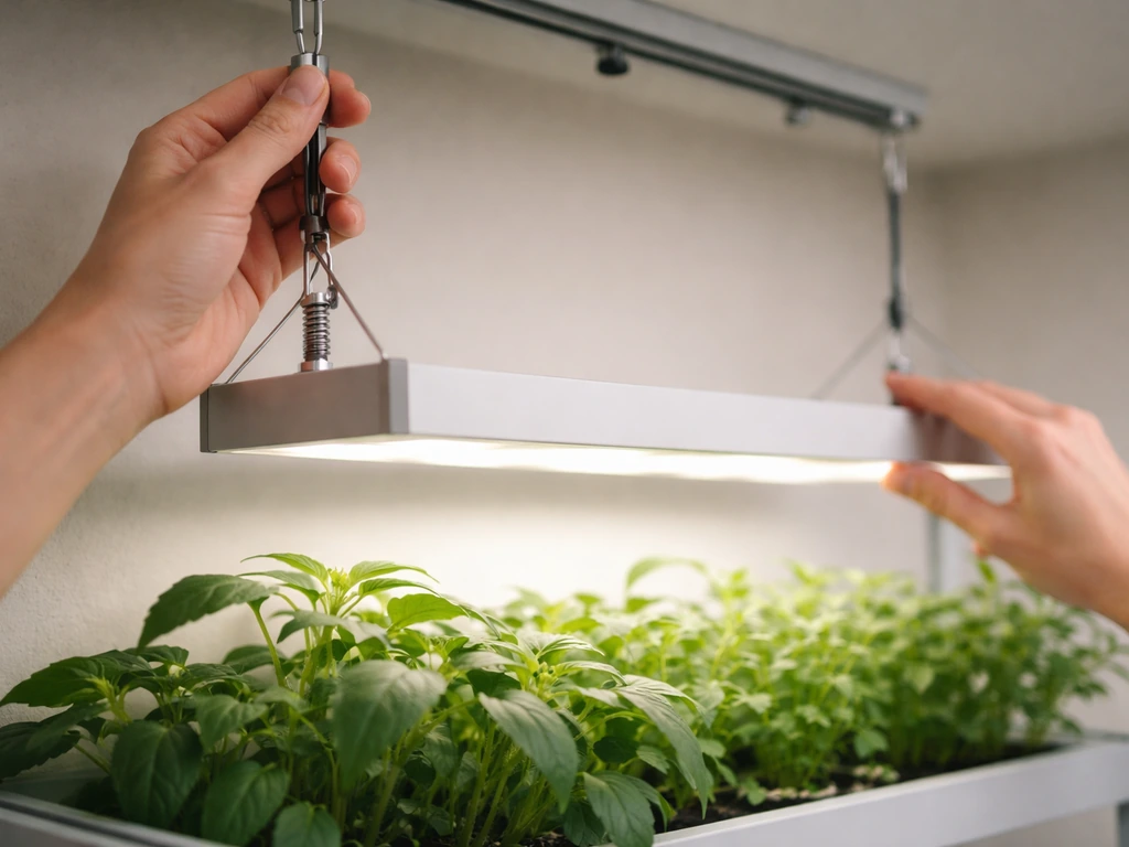 Hands adjusting an indoor grow light height above healthy plants on a simple bench.