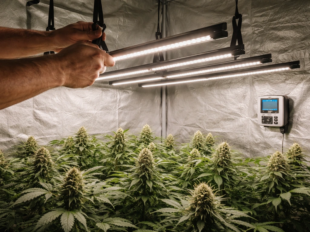 Grow tent canopy with multiple LED bar lights, overlapping footprints, and a clearly set light timer during flowering he