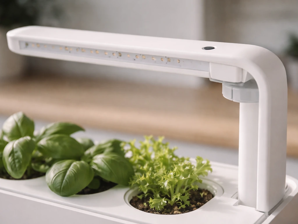 Close-up of a Click & Grow planter with the grow light assembly on but not emitting light, showing the troubleshooting i