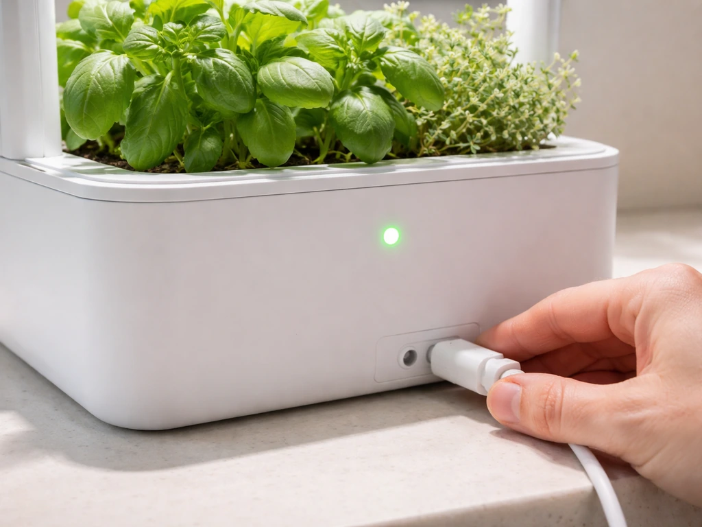 Green indicator light on a Click & Grow-style plant unit, with the power cord connection being checked