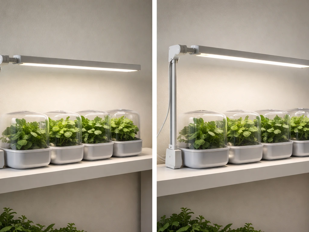 Indoor grow pods with integrated LED lamp arms set at correct height next to an incorrect distant setting.