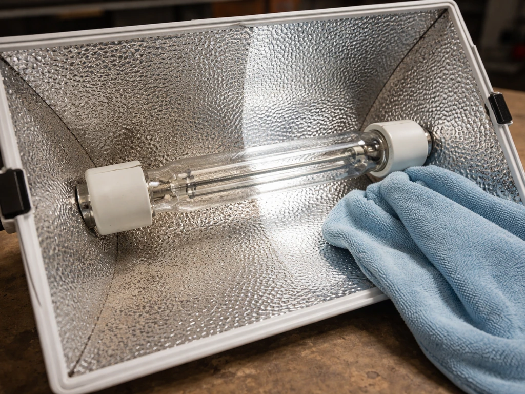 Close-up of a grow lamp housing reflector being wiped clean, showing dust before and spotless metal after.