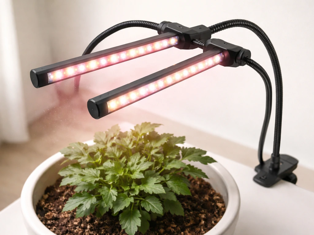 Angled top-down view of a GHODEC LED grow light over a small potted plant canopy
