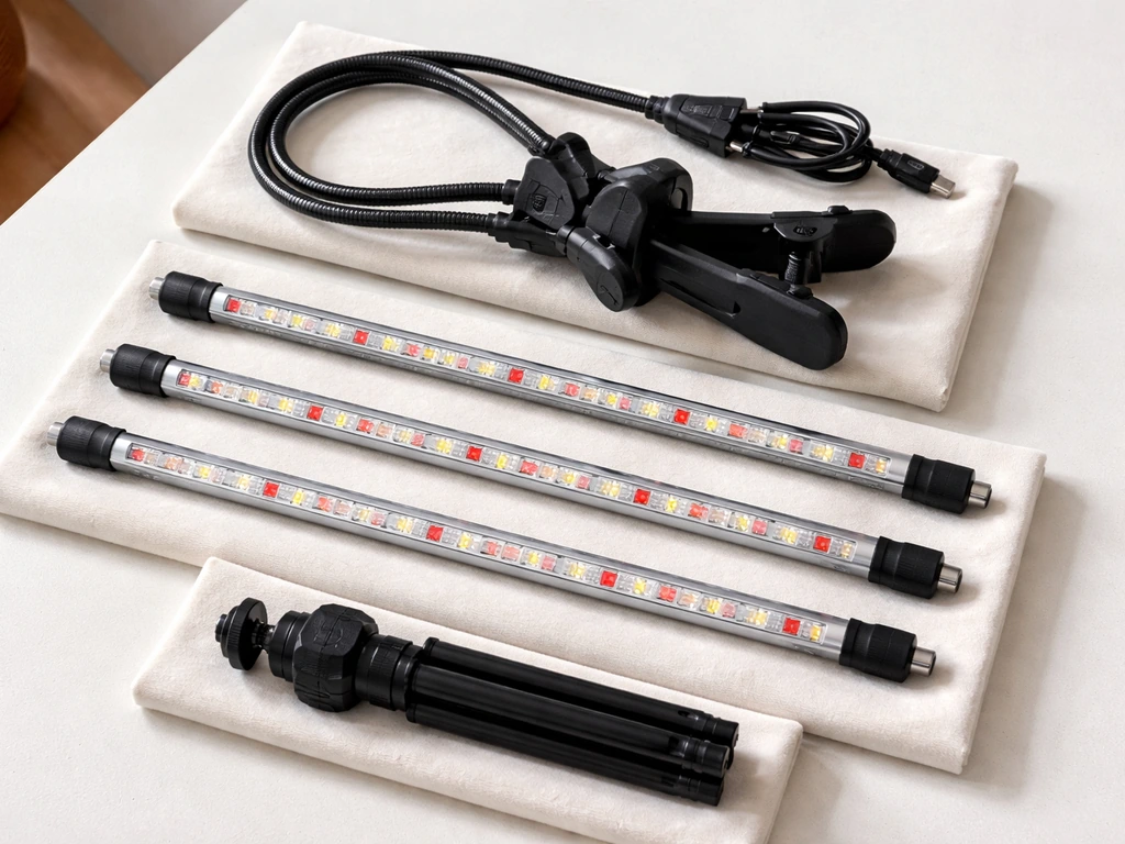 GHODEC grow light parts laid out neatly on a table, with bar sections and GH-30 clip/gooseneck pieces separated