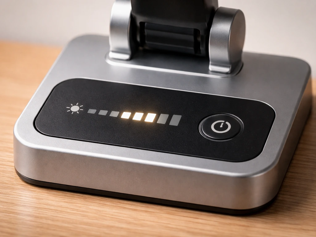 Close-up of a desk lamp control panel with brightness indicators and a visible timer button.