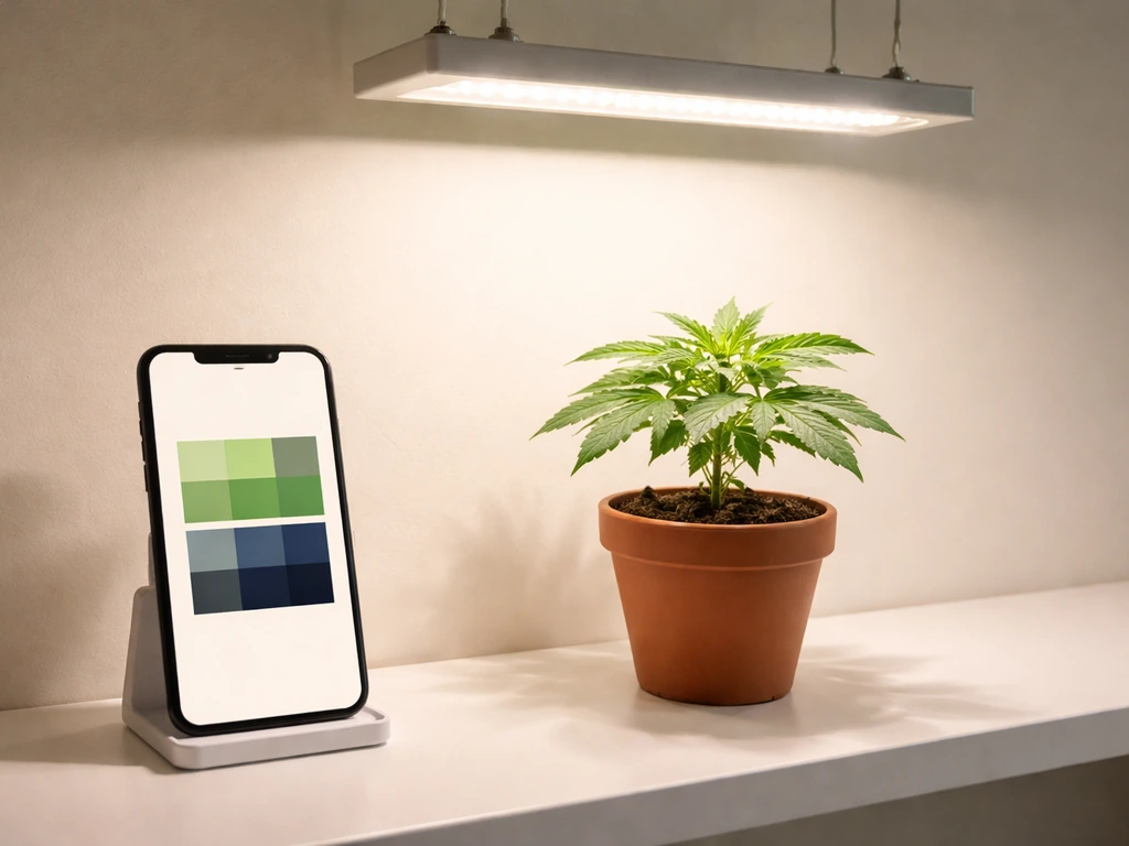 Grow light over plants with simple day-night timeline on a phone screen showing stage-based hours