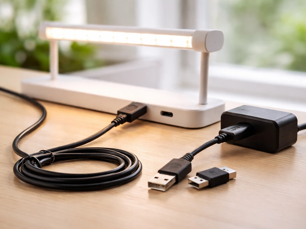 Close-up of a USB cable plugged into a grow light power port and adapter, with an extra cable nearby.