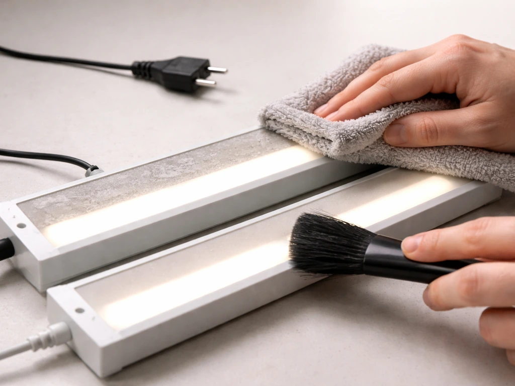 Unplugged LED light fixture with visible dust, cleaned using a soft dry cloth/brush in a simple room.