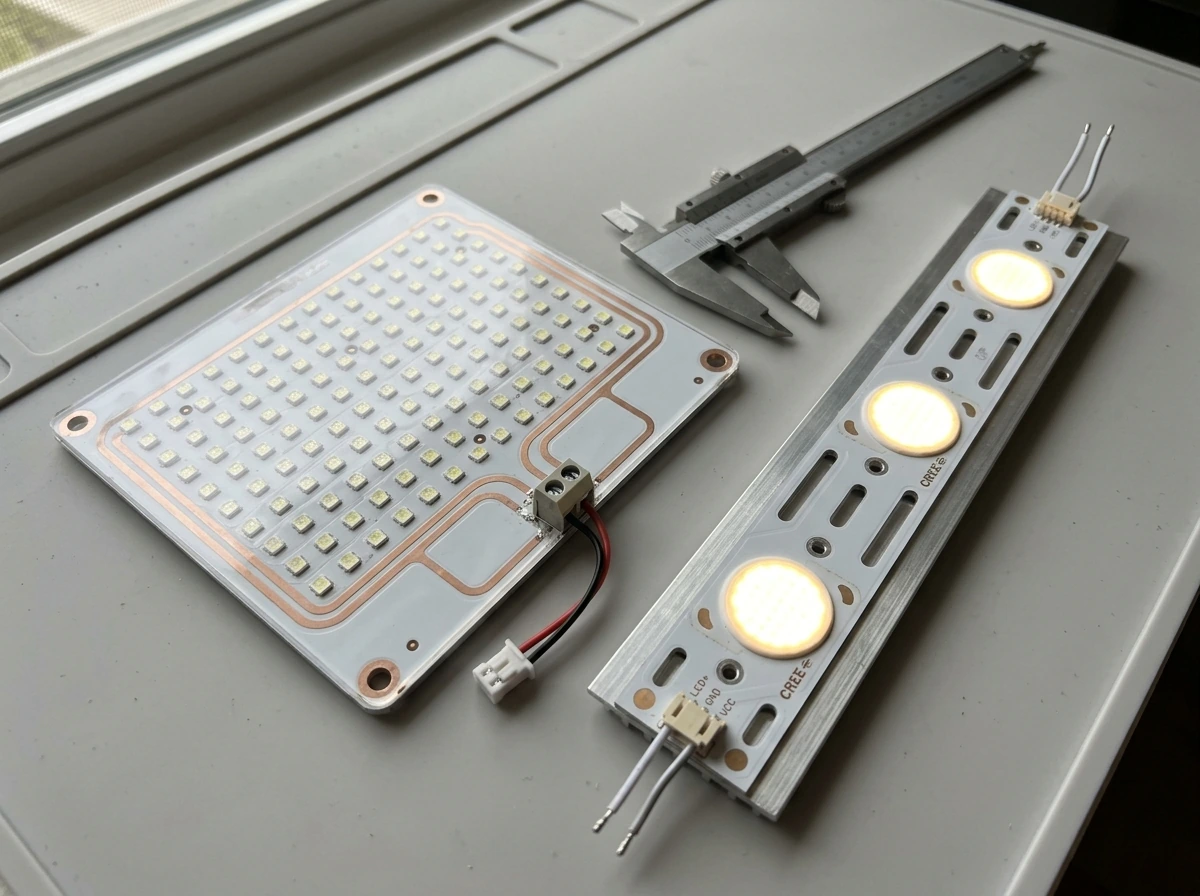 Quantum-board style LED PCB next to a COB/LED strip module for DIY comparison