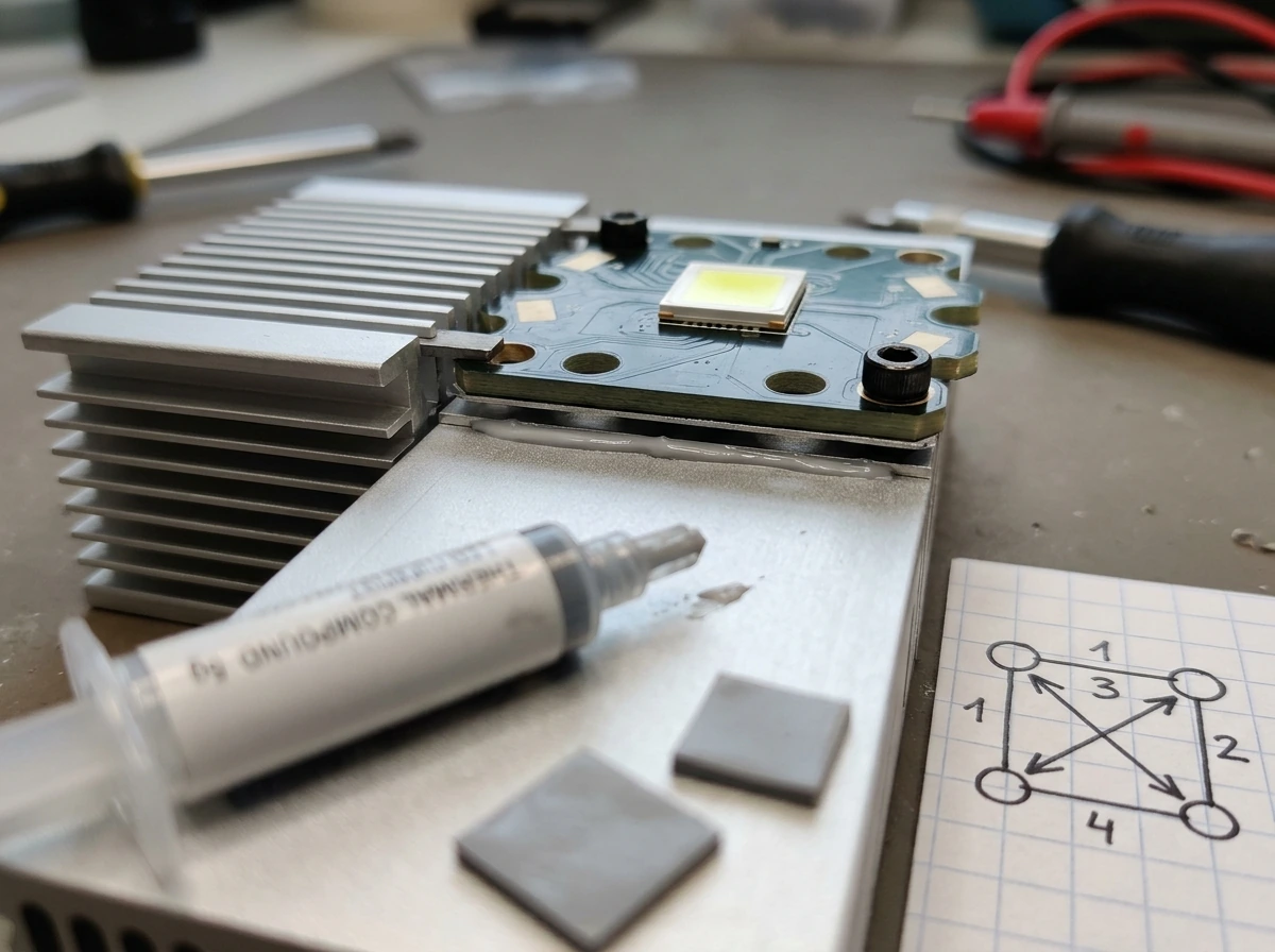 Applying a thin thermal paste/pad between LED PCB and heatsink
