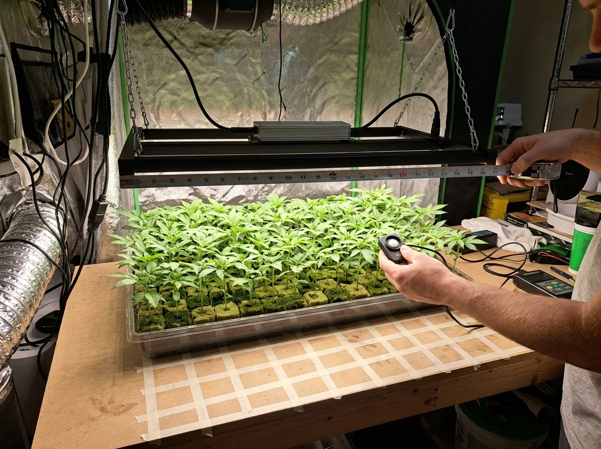 Measuring light height and coverage over seedlings with a grid on the bench