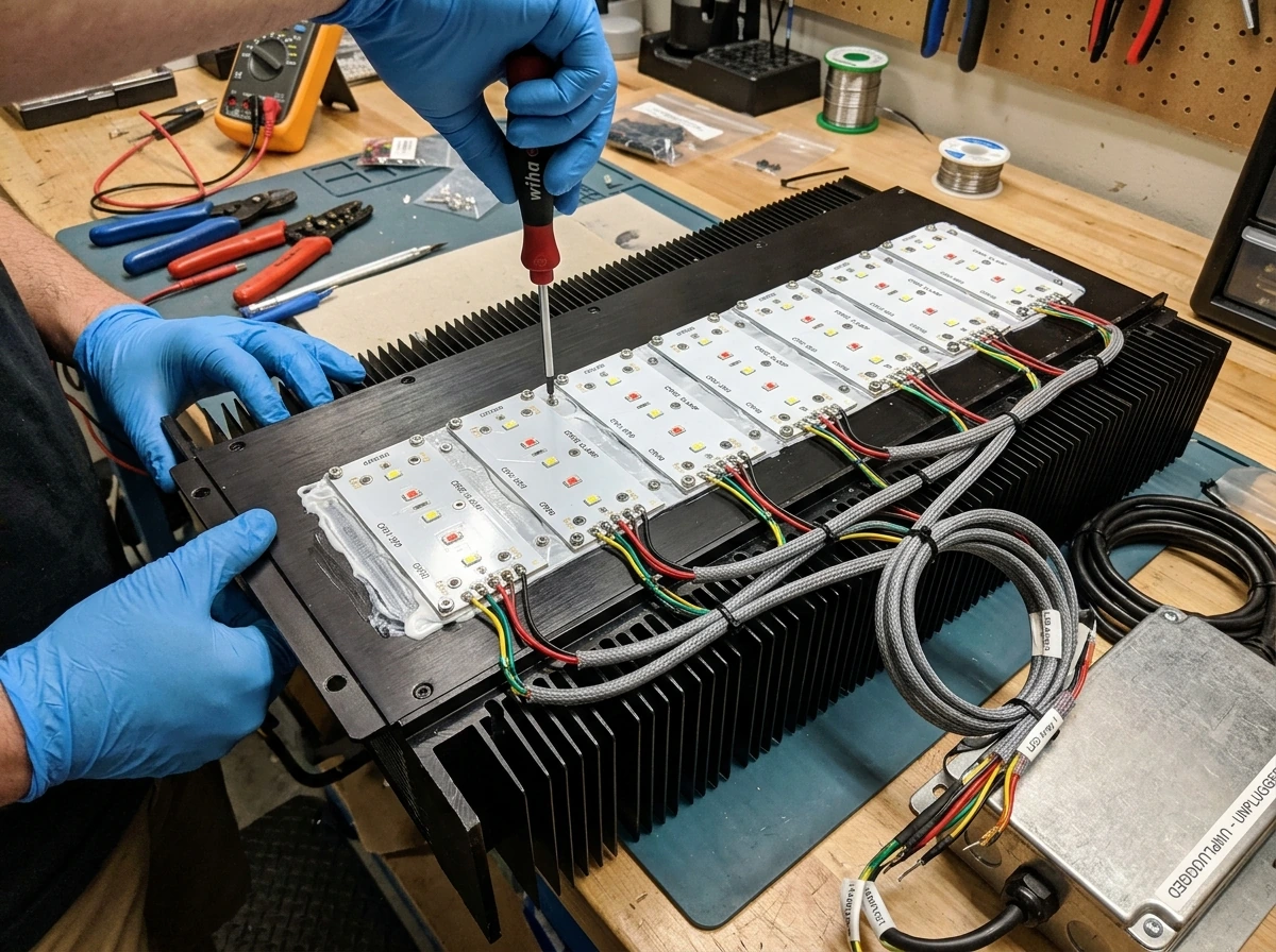 Installing LED boards on heatsink and tightening fasteners during the build