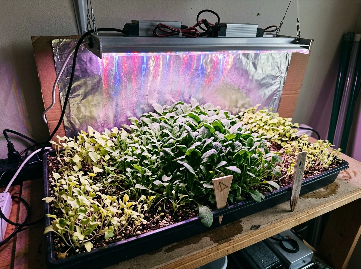 Uneven canopy growth under a DIY LED light showing edge dimming