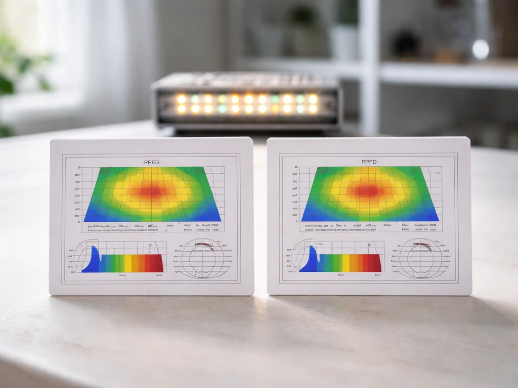 Side-by-side spec labels for LED grow lights with visible PPFD map, spectrum areas, and coverage circles.