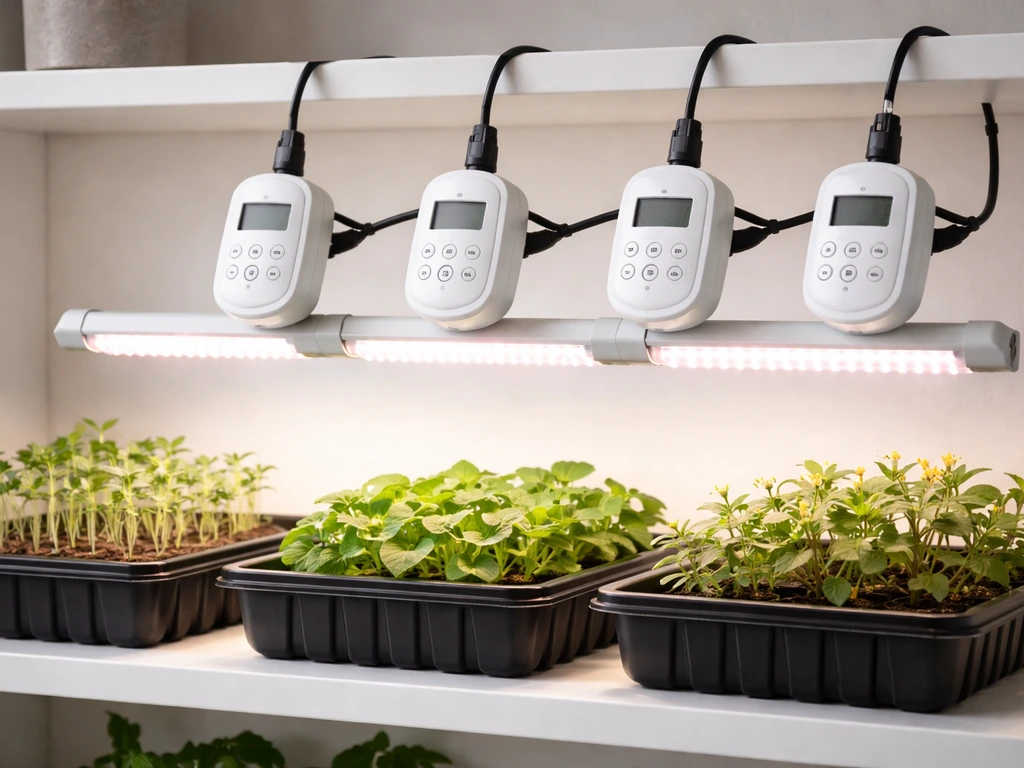 Three adjustable grow-light timers and LED bars over seed trays for seedlings, leafy greens, and fruiting plants.