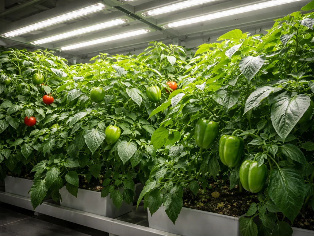 Dense tomato and pepper vines under bright LED grow lights in a minimal indoor grow area.