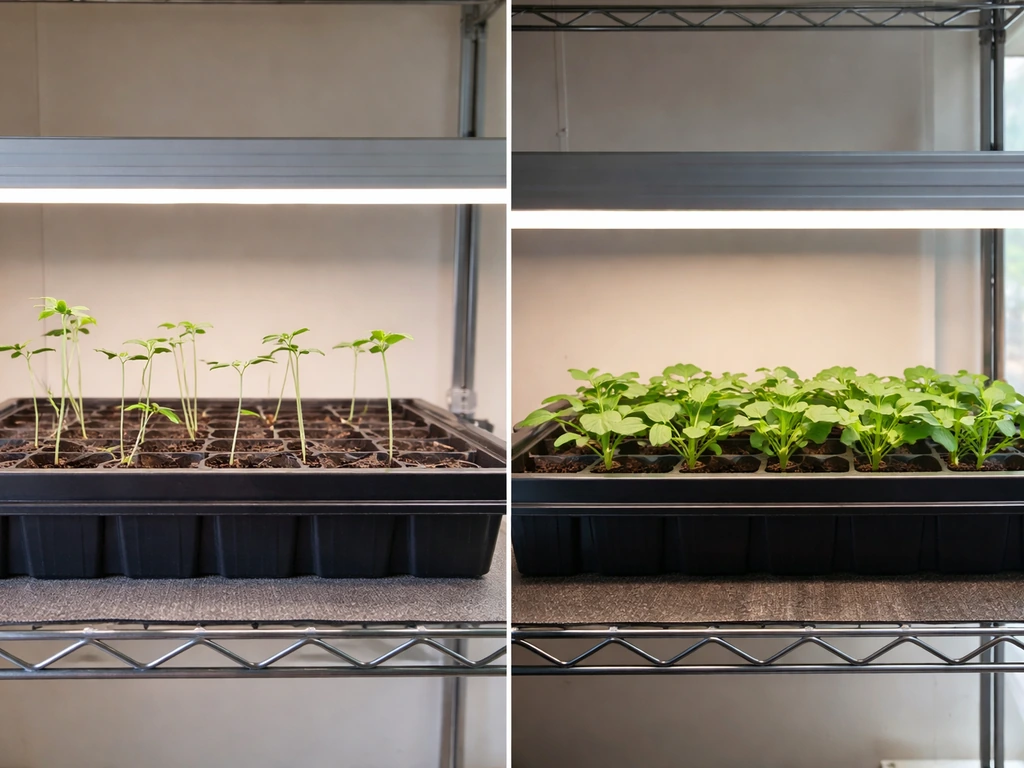 Indoor seedlings under grow lights: left light too high with pale stretching, right corrected and healthier growth.