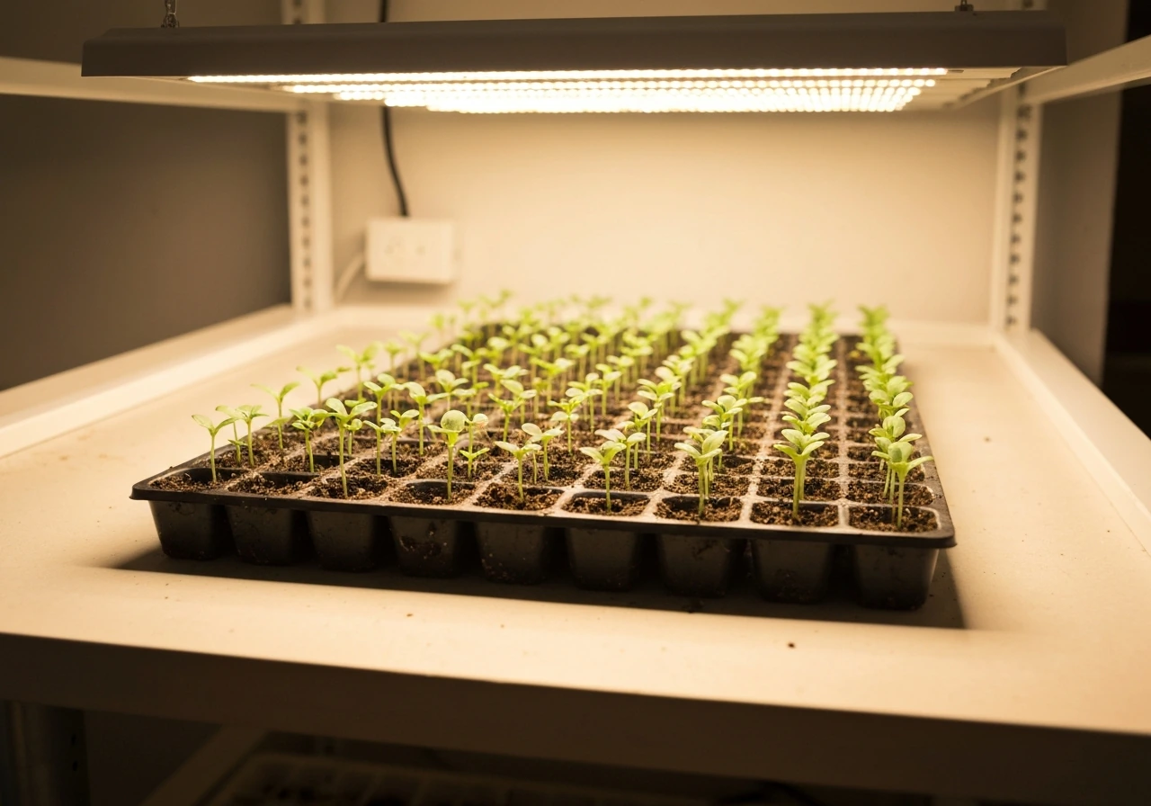 Healthy green seedlings growing in a tray under warm grow lights