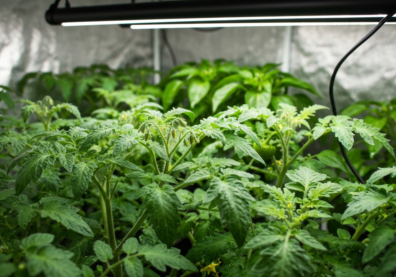 Dense tomato and pepper plants with buds and small flowers under a grow light in a minimal grow setup.