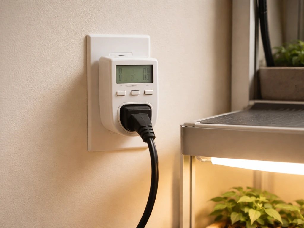 Digital outlet timer plugged into a wall, controlling a grow light for morning-on/evening-off.