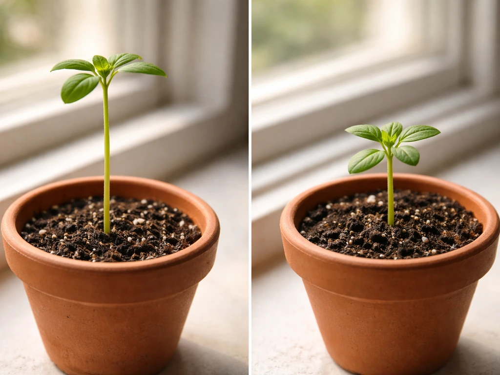 Two potted seedlings side-by-side: one leggy and stretched, the other compact with fuller leaves under bright light.