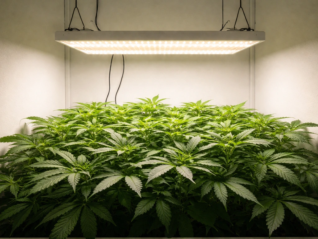 Overhead view of a thriving indoor plant canopy under a hanging grow light, showing an effective setup.