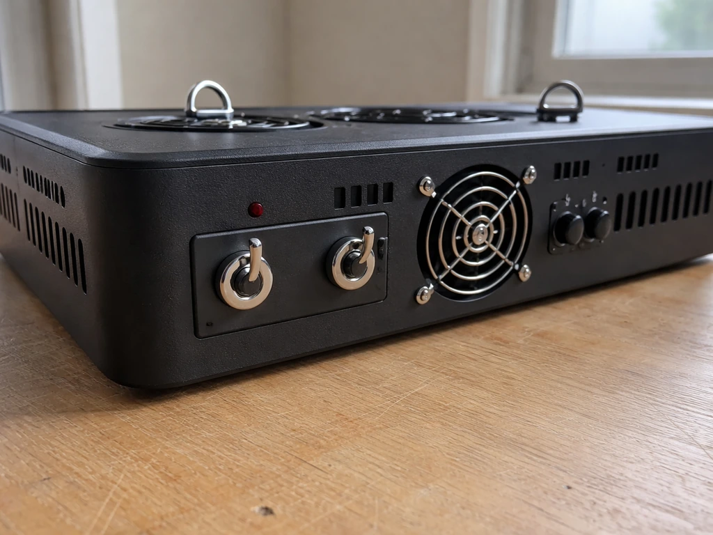 Close-up of a grow light’s back panel showing two toggle switches for model identification.