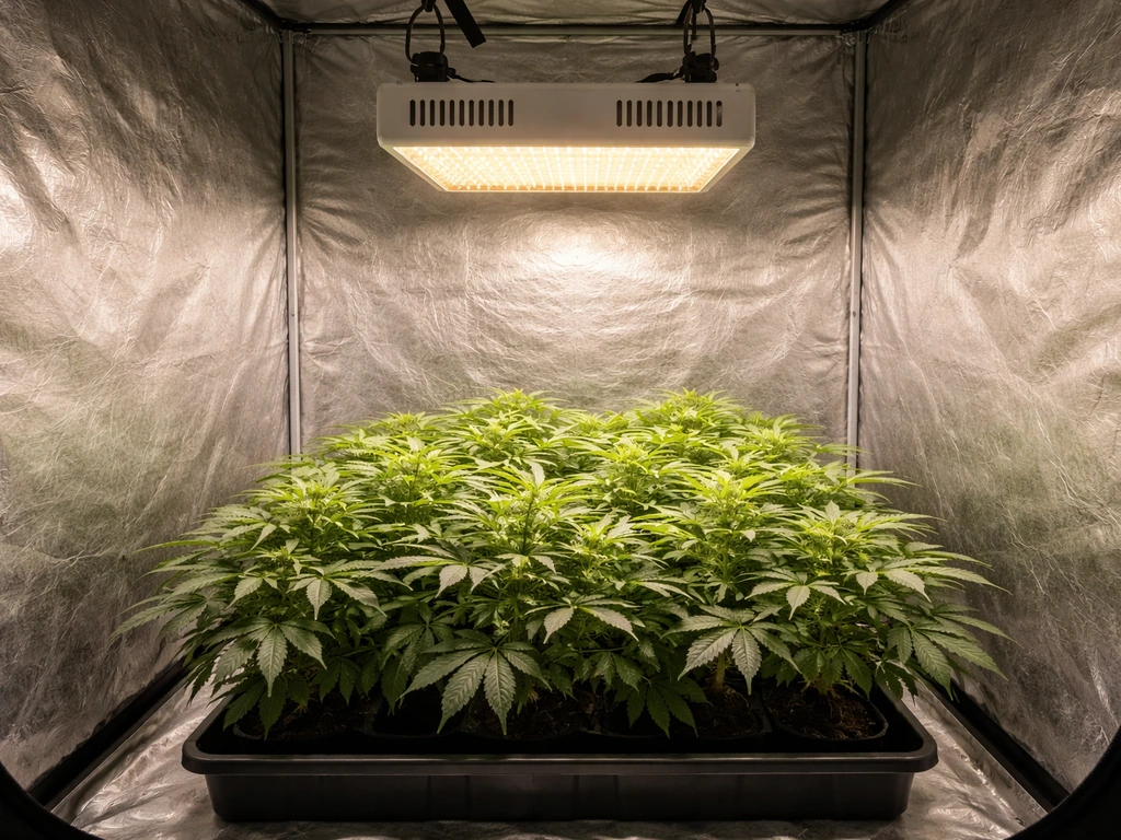 Hanging grow light centered above a plant canopy in a simple indoor grow setup