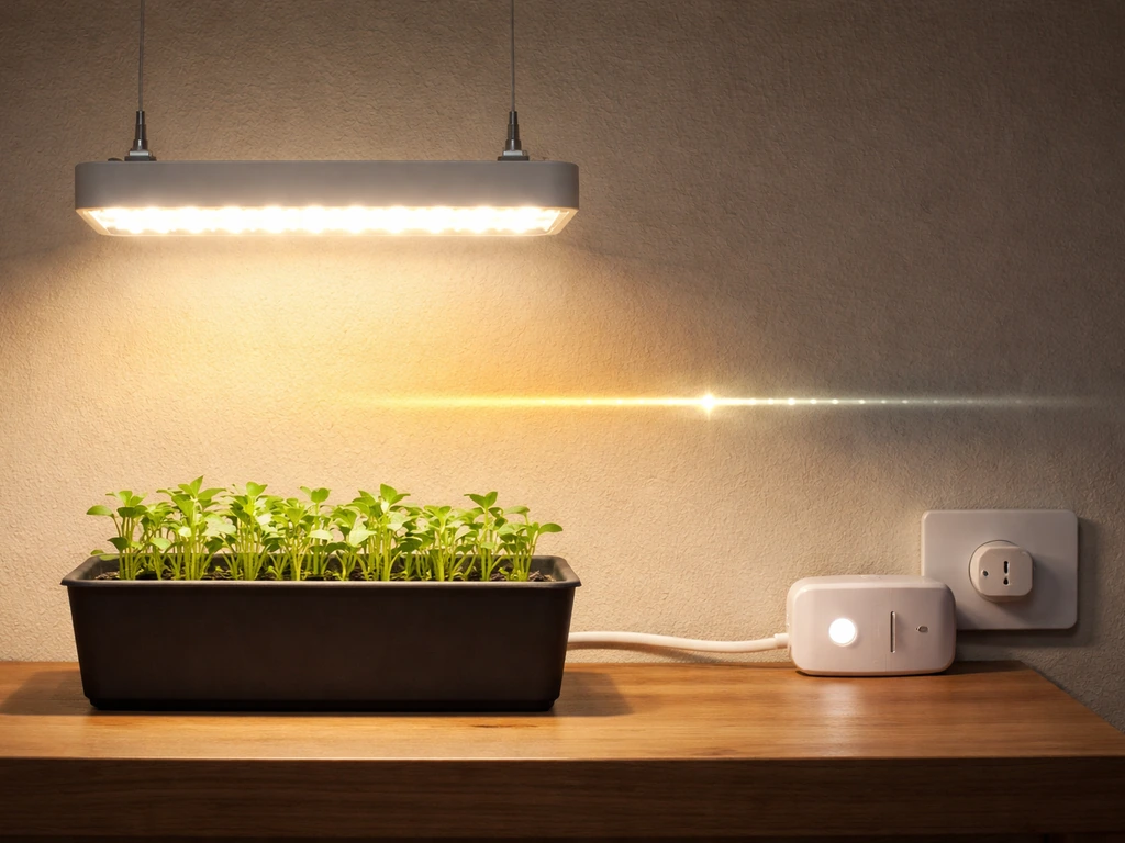 Indoor grow light over seedlings with a smart plug and subtle on/off light cycle cues.